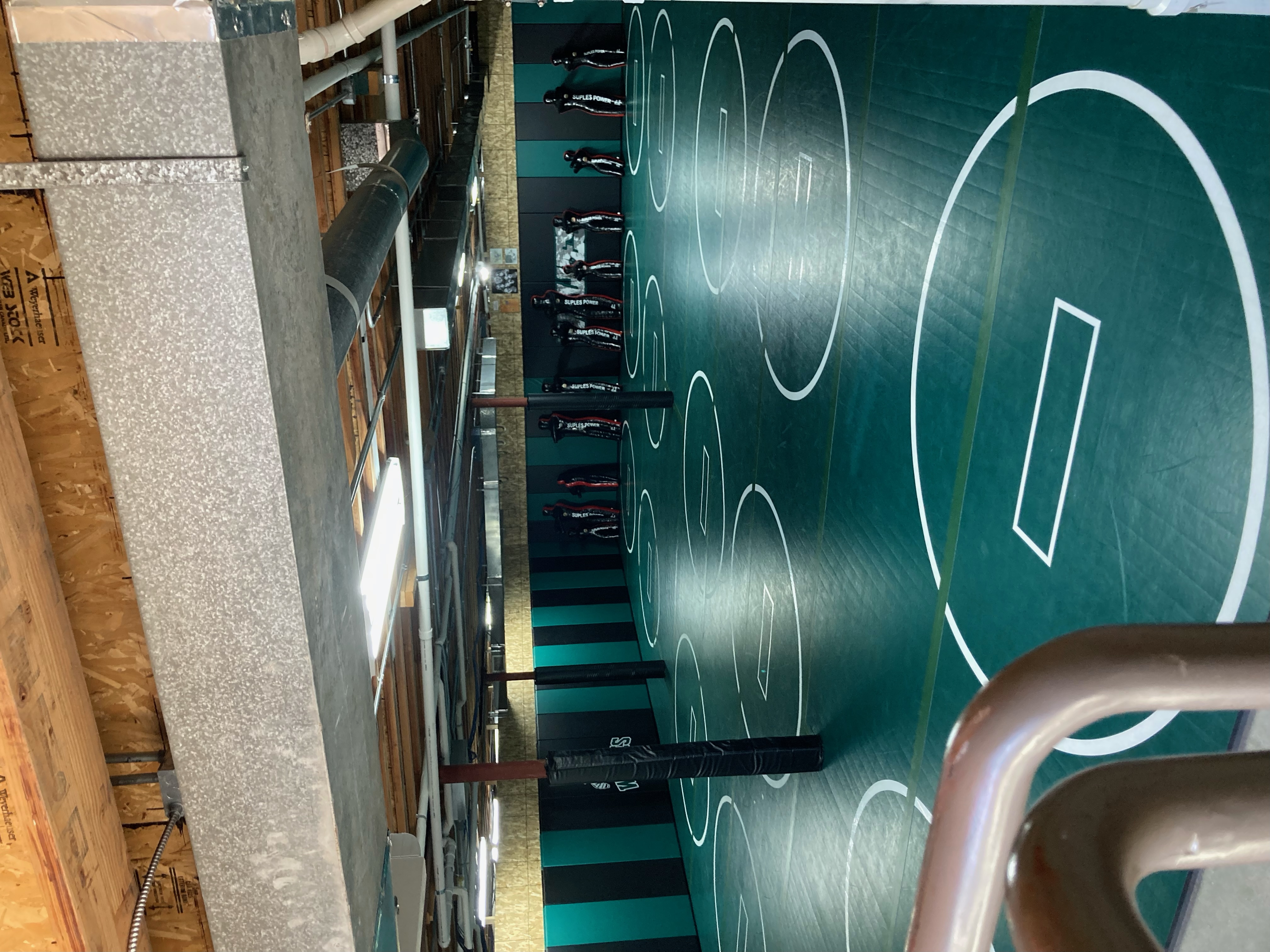 Wrestling club training facility with green mats and wrestling circles